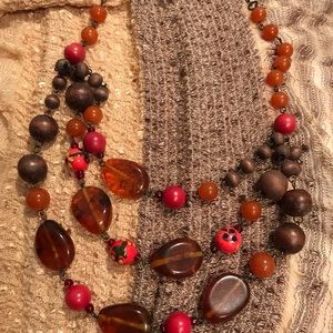 Boho unique wood and bead necklace coral brown very cute and a statement piece